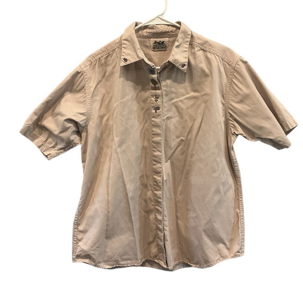 Vintage Northern Reflections Women Collared Shirt Beige Embroidered Bird Country